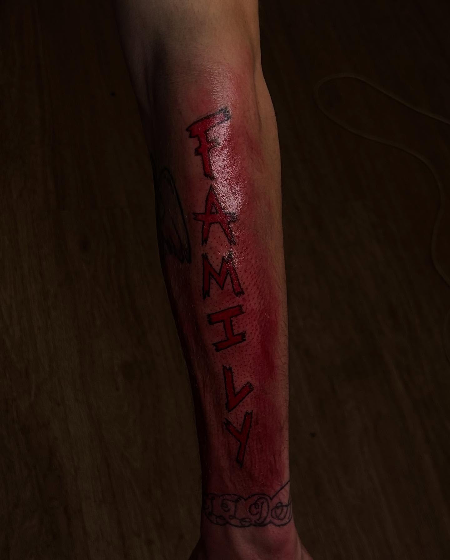 Family lettering script tattoo on the forearm by 702tattoo💉🩸