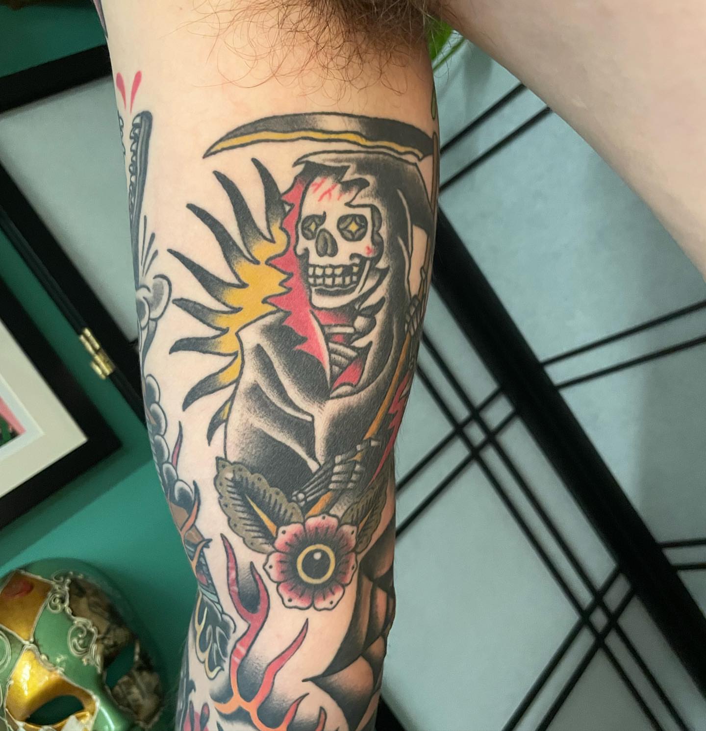 Skeleton with flame American traditional tattoo on the forearm by Seattle Tattoo Artist, Bonney Lake, Washington