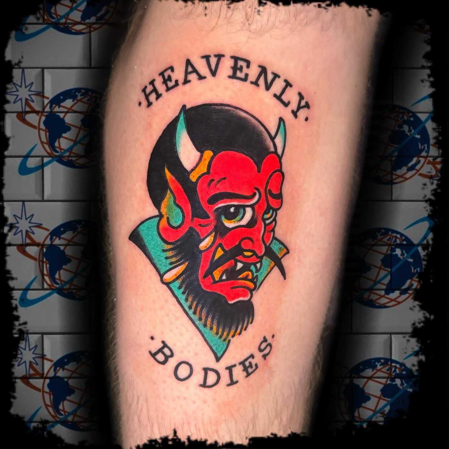 Demon head American traditional tattoo on the forearm by Antonio DeCaro