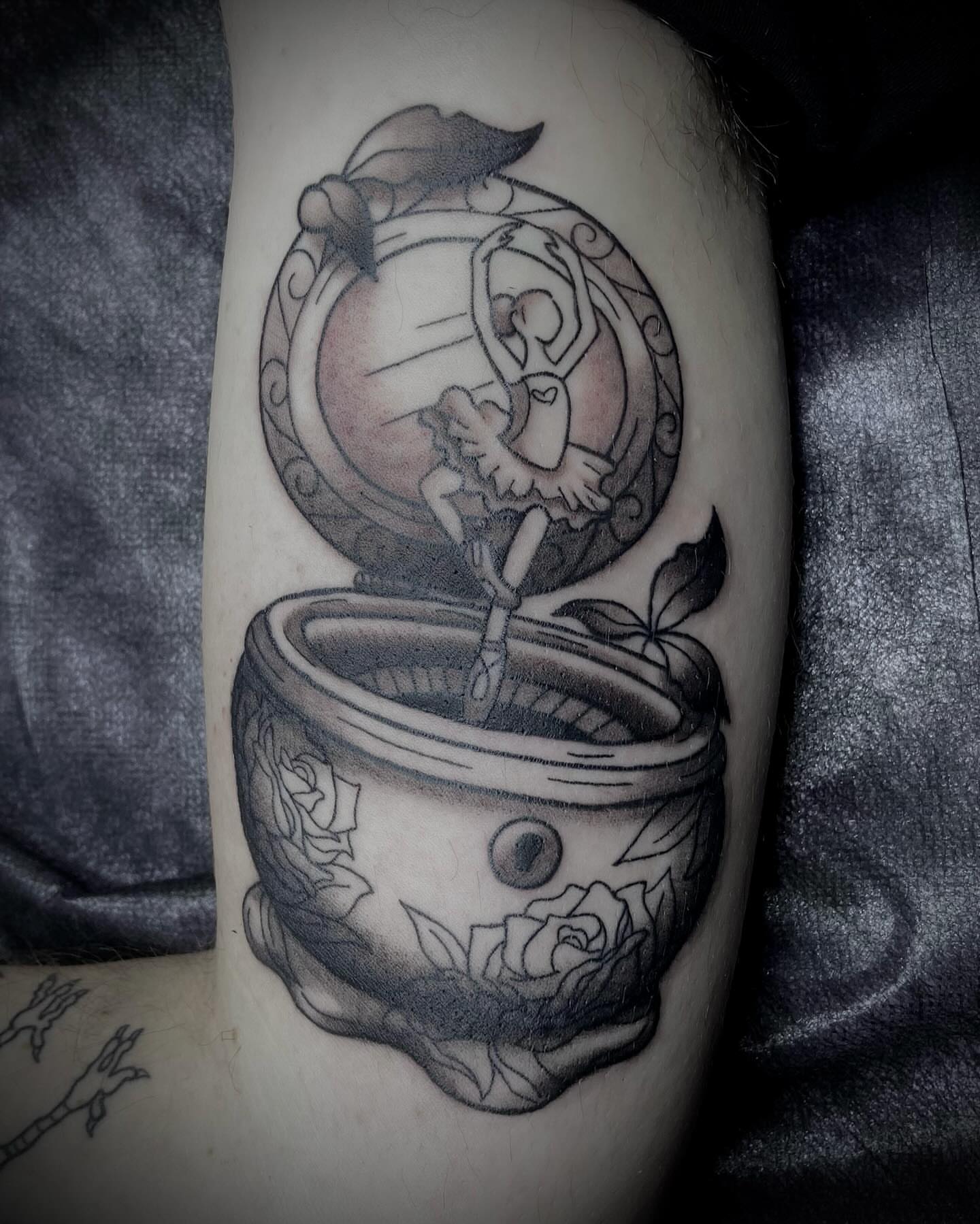 Music box black and grey tattoo on the forearm by Shelbie, Salt Lake City, Utah