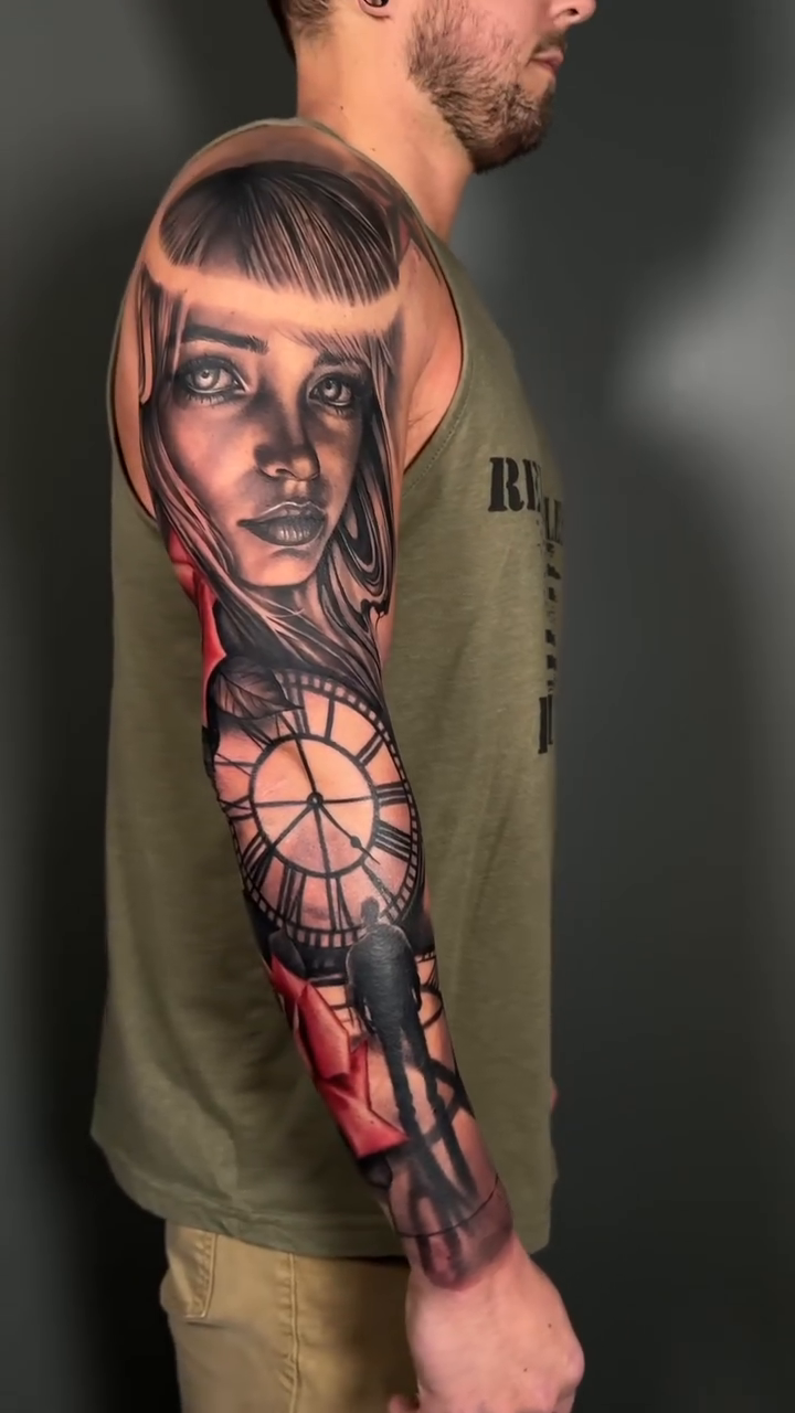Woman and clockwork realism tattoo by Dakota Case