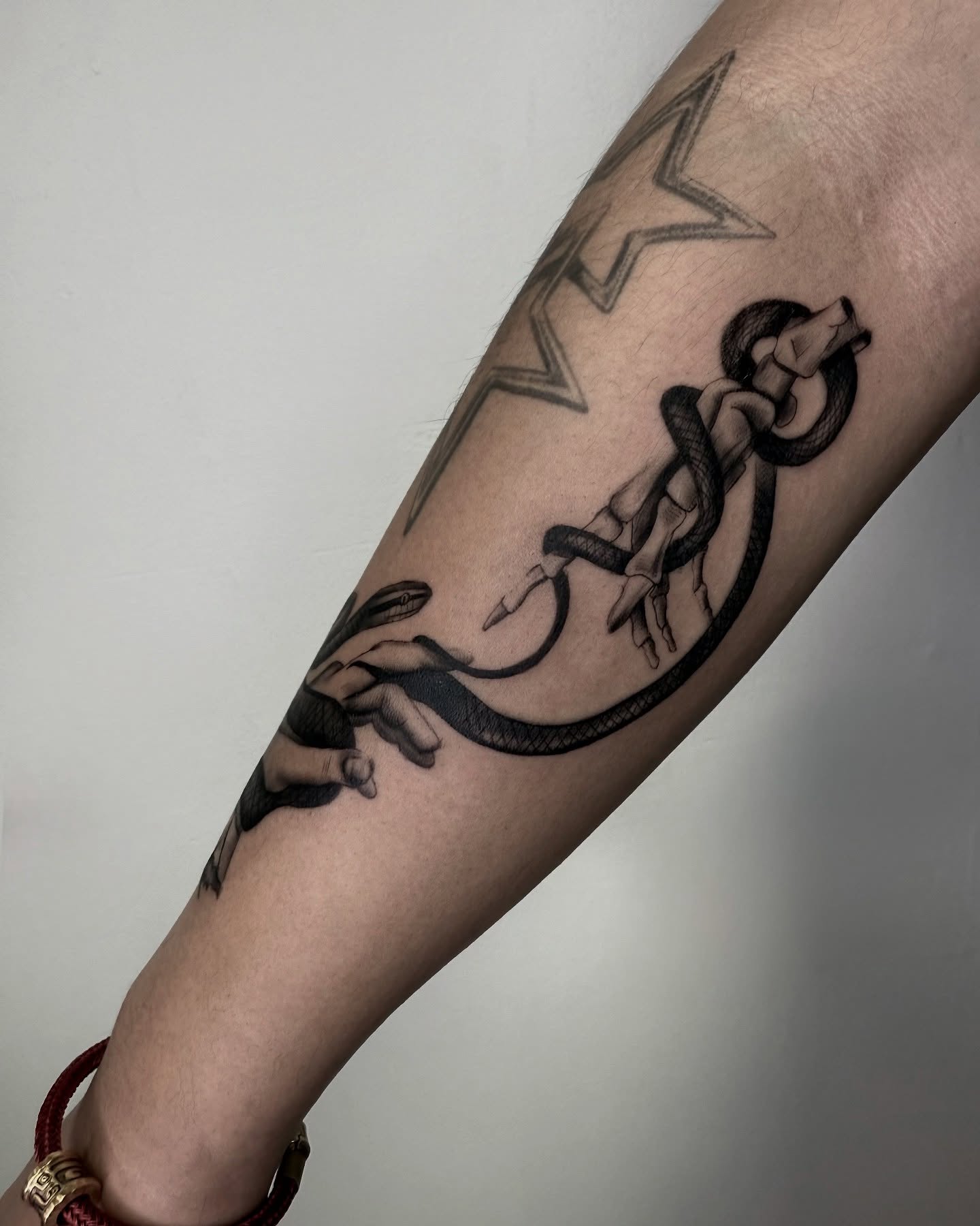 Snake and woman realism tattoo on the forearm by Rachel