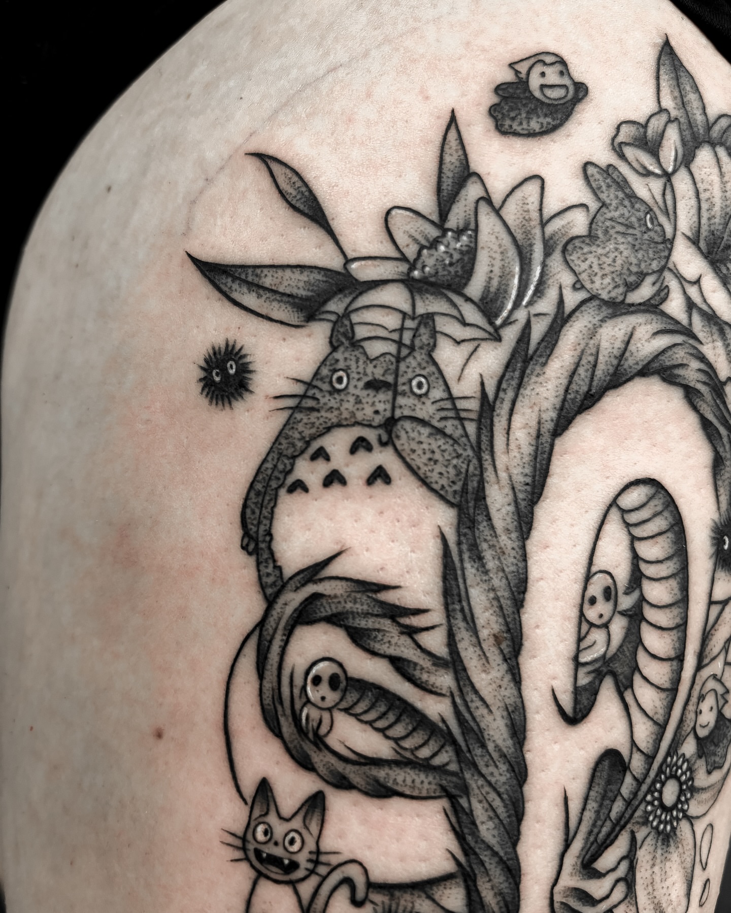 Totoro and friends dotwork tattoo on the shoulder by ✿ Desiree Gawle ✿