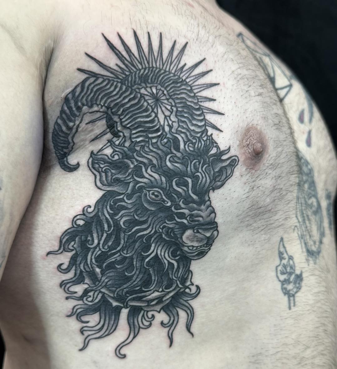 Lion black and grey tattoo on the chest by James Reed Tattoo artist