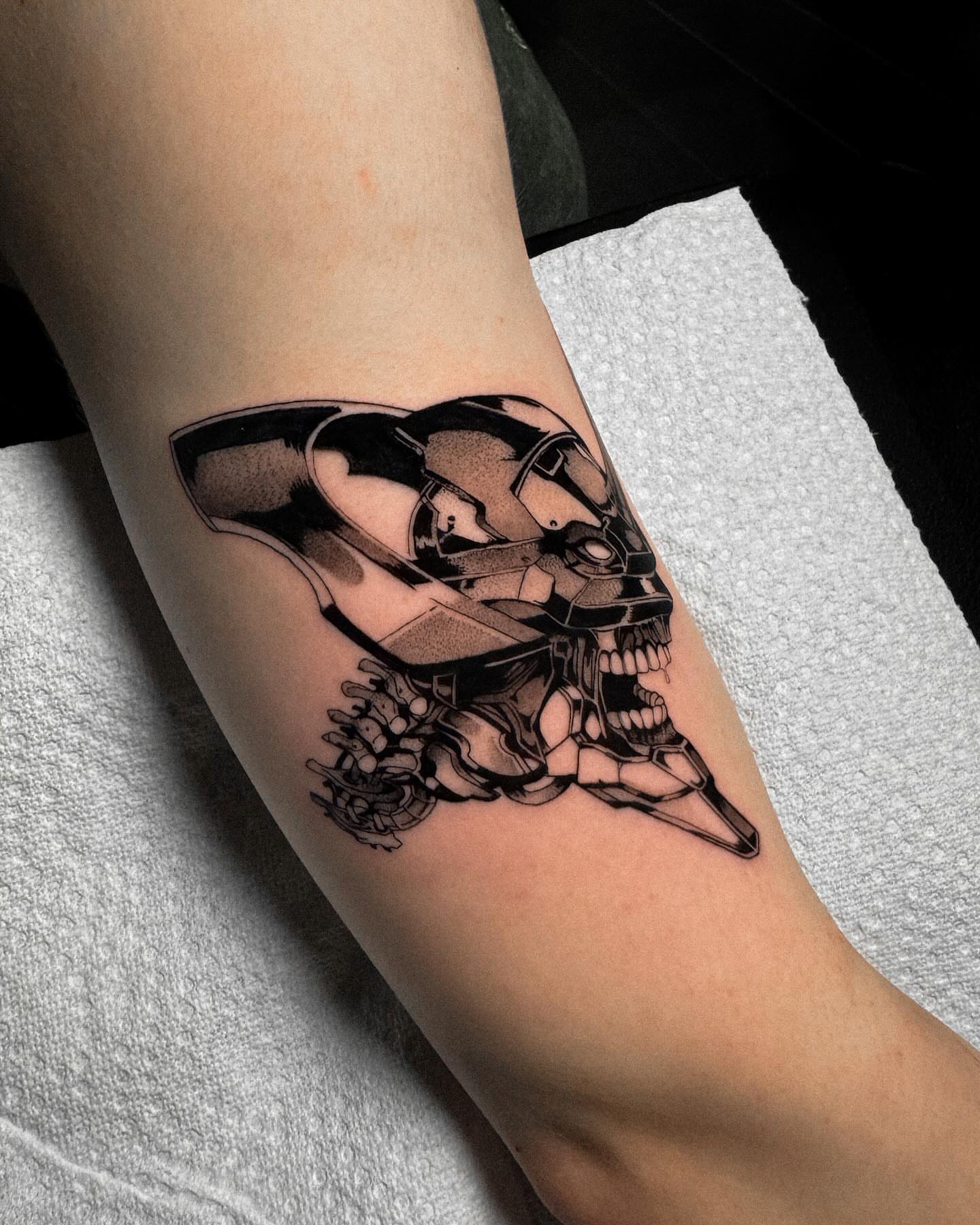 Mecha skull dotwork tattoo on the forearm by Yakir, Houston, Texas