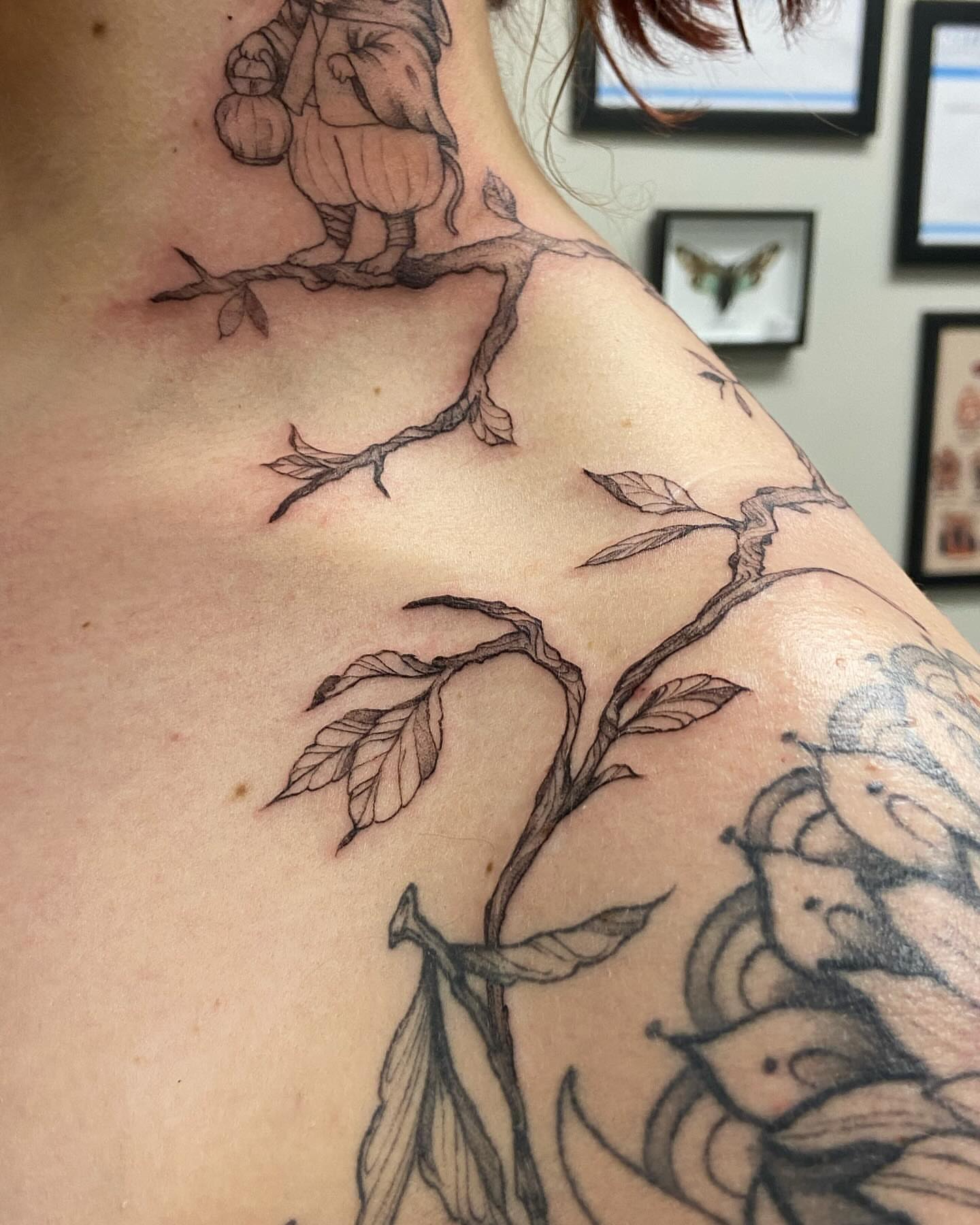 Tree with squirrel black and grey tattoo on the shoulder by Libbey June @ Snailberry Studios- NW OHIO