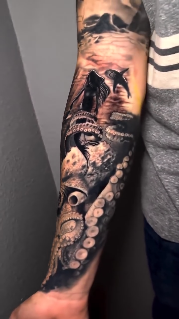 Kraken and shipwreck dark realism tattoo by Ian Vanderwerff