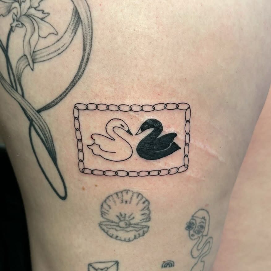 Swans black and grey tattoo on the thigh by house0fsleep 💤