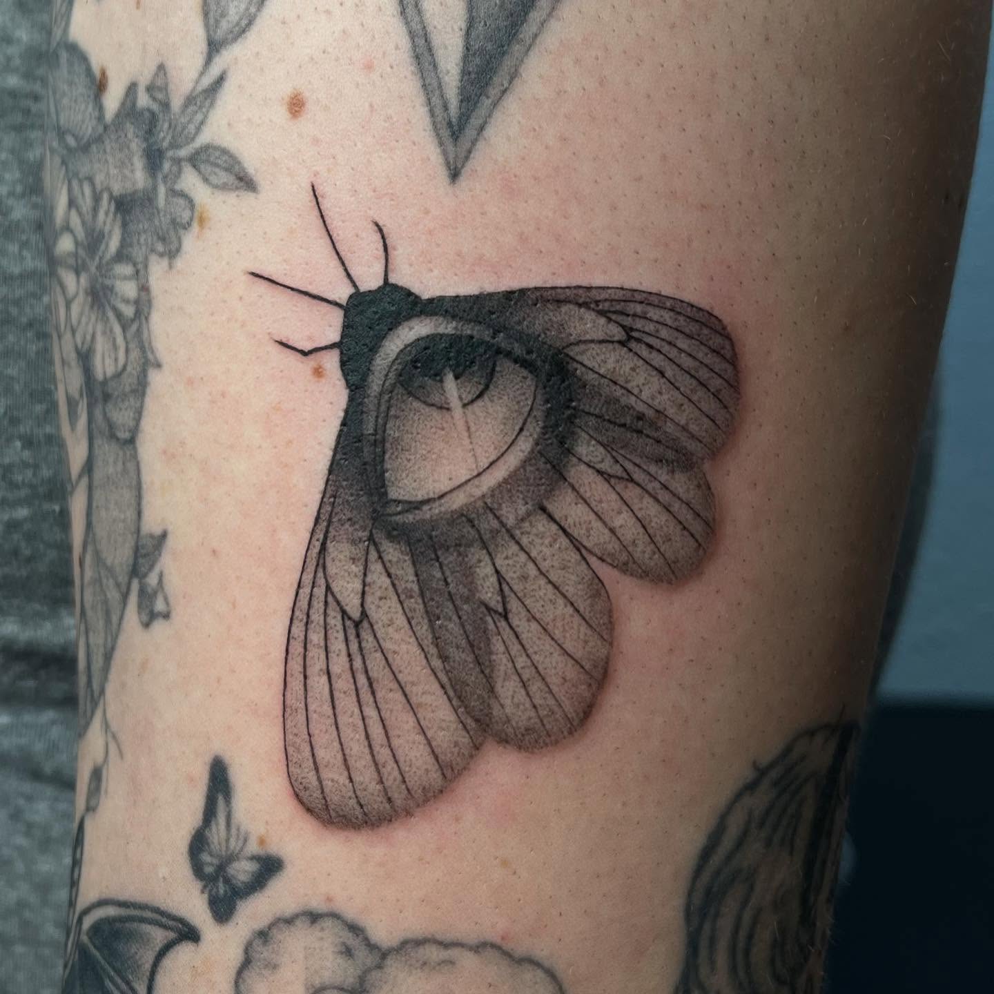 Moth realism tattoo on the forearm by Ana Valadez π¦, Ventura, California