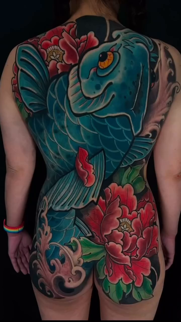 Koi fish and peonies japanese irezumi tattoo by Las Vegas Japanese Tattoo Artist, Las Vegas, Nevada