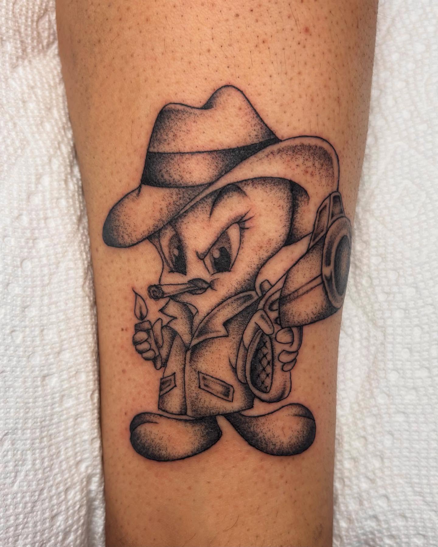 Detective dotwork tattoo on the forearm by ⟡ Sam O ⟡