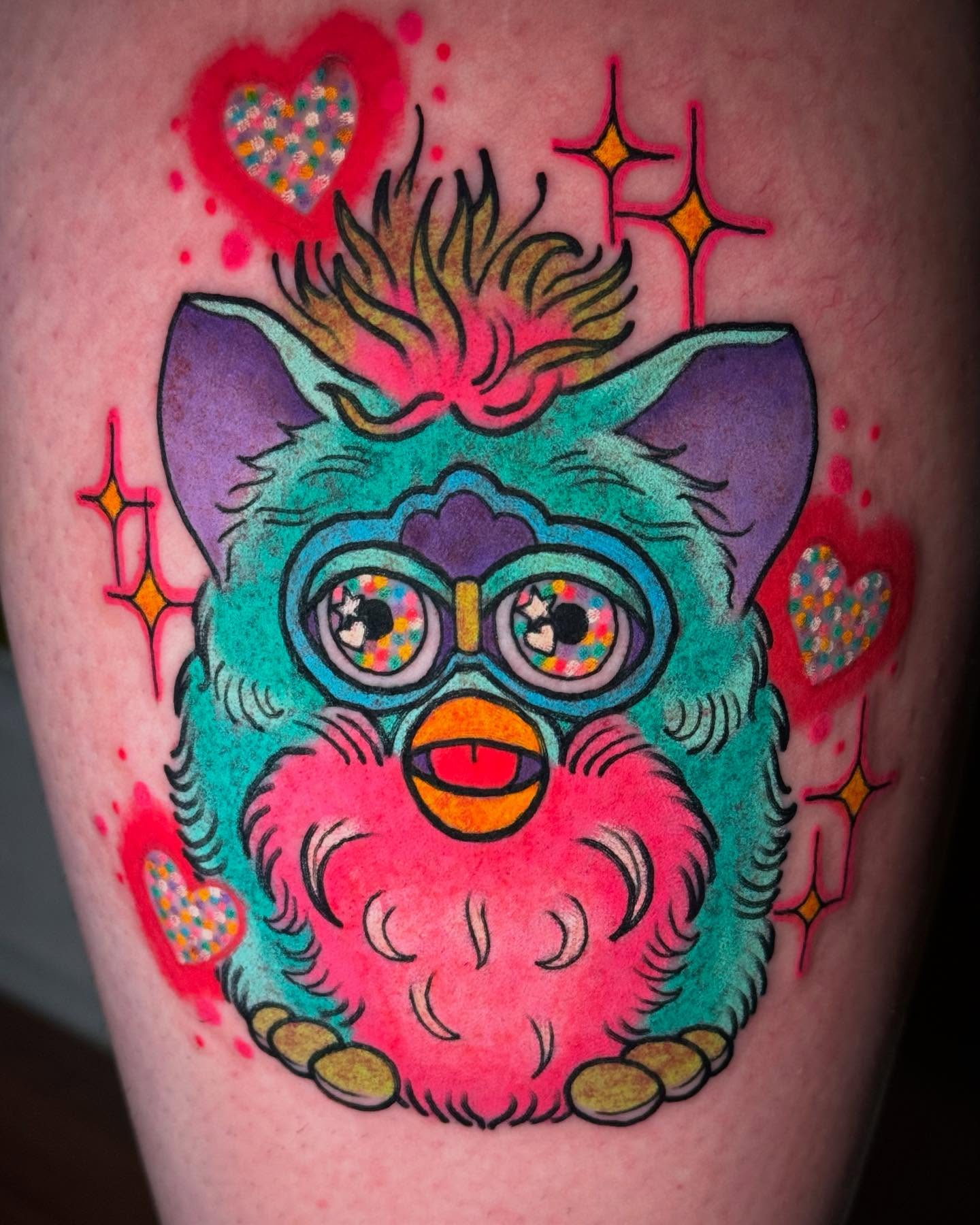 Monster new school tattoo on the thigh by Chelsea Lane