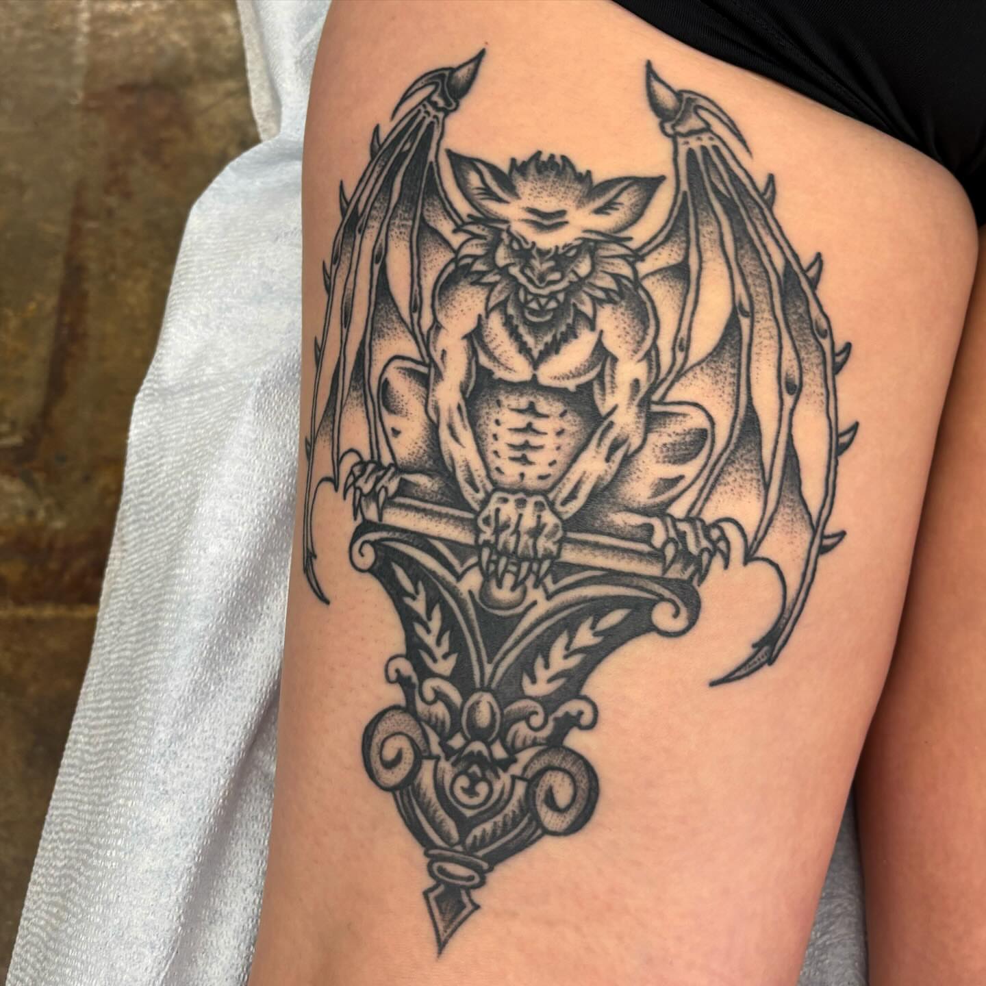 Gargoyle dotwork tattoo on the thigh by Brandi ⛓, Detroit, Michigan