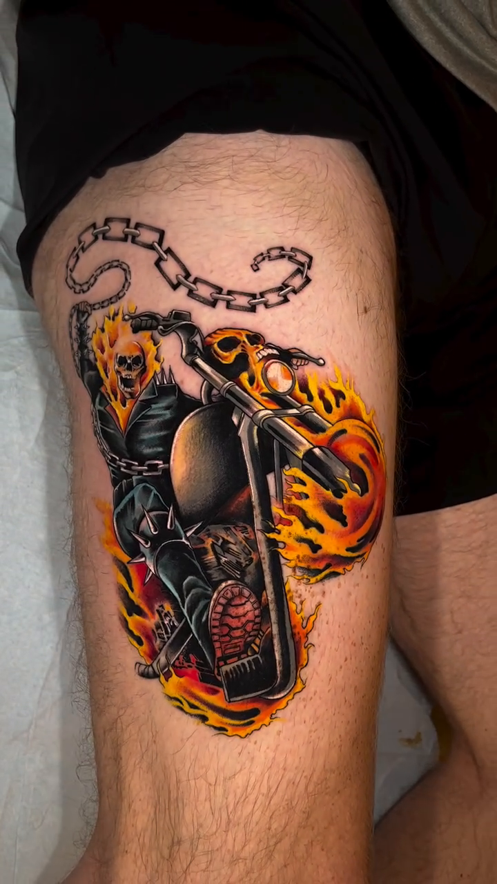 Ghost Rider motorcycle neo-traditional tattoo by Lexi Kniskern