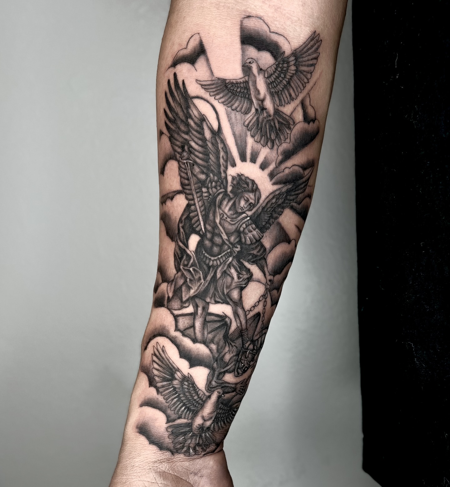 Angel with sword realism tattoo on the forearm by @sadfoo_tattoo, Austin, Texas