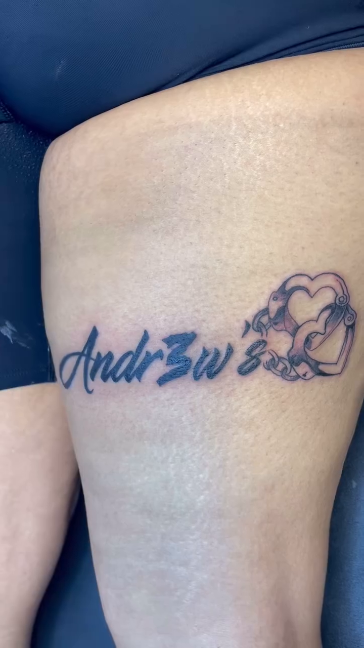Name with hearts lettering script tattoo by Vanessa - Dallas Artist