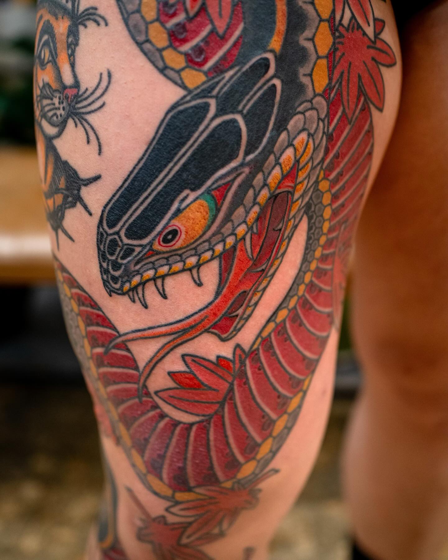 Snake American traditional tattoo on the forearm by Matt Leibo, San Francisco, California