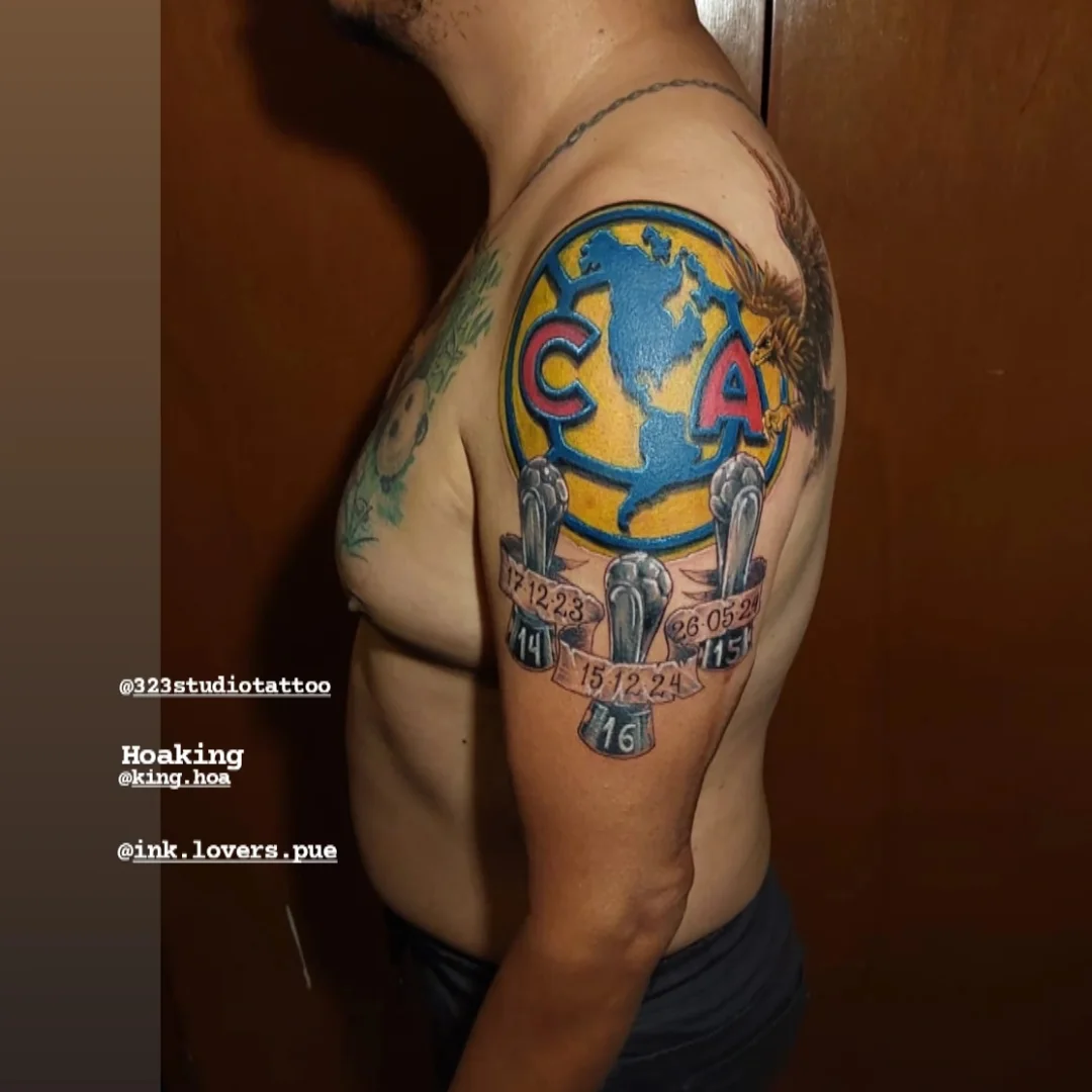 Club América logo American traditional tattoo on the shoulder by Hoa King