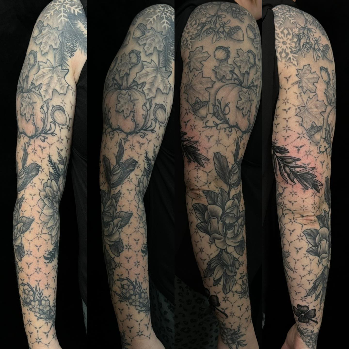 Autumn motifs black and grey tattoo on the forearm by James Reed Tattoo artist