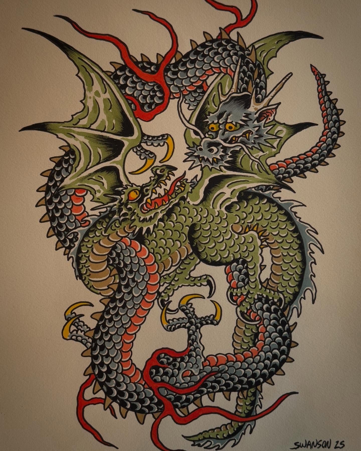 Dragon American traditional tattoo by Jesse Swanson, Santa Rosa, California