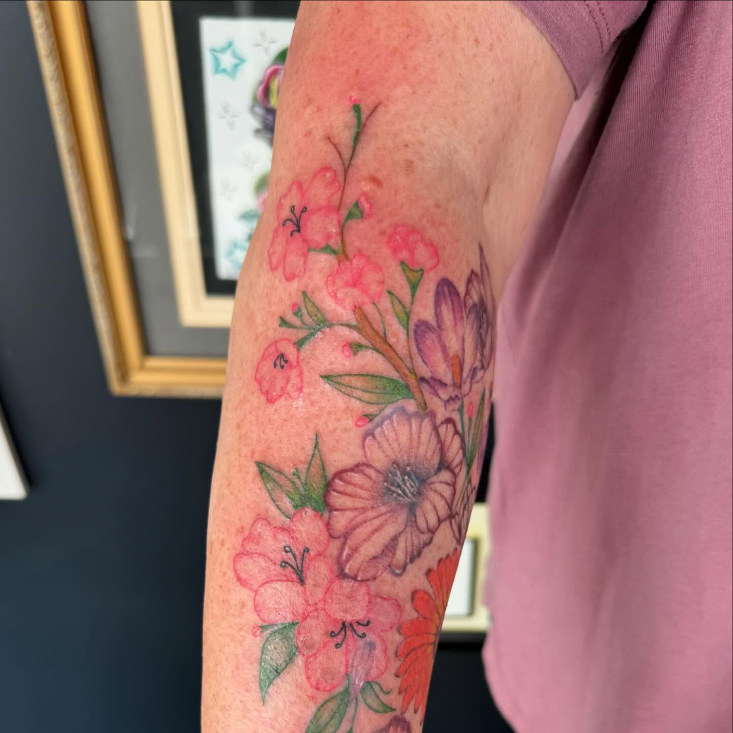 Floral bouquet watercolor tattoo on the forearm by 👾 not ur baby’s ink 👾