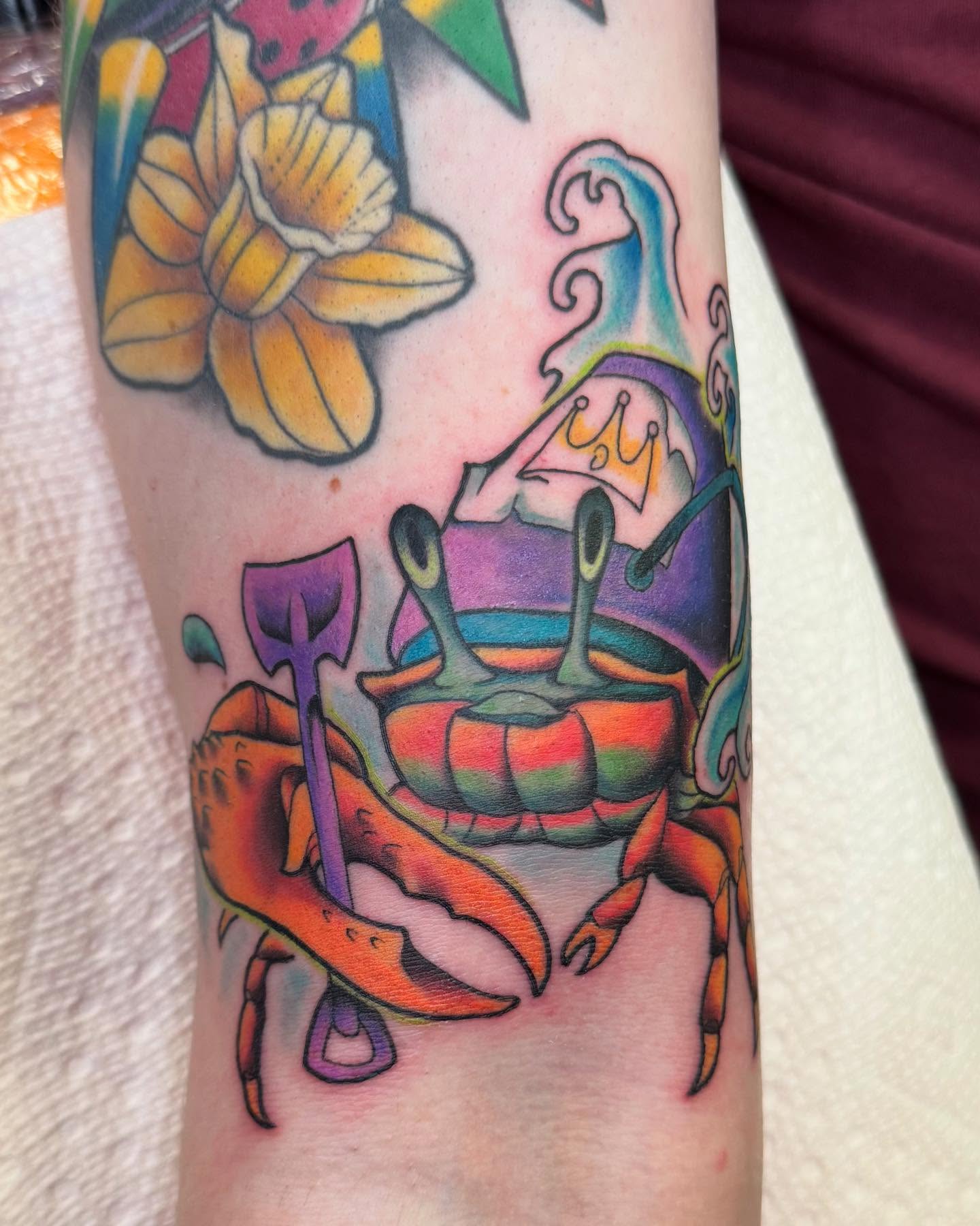 Crab with crown American traditional tattoo on the forearm by ✨Jen Lochbihler✨, Dickson, Tennessee