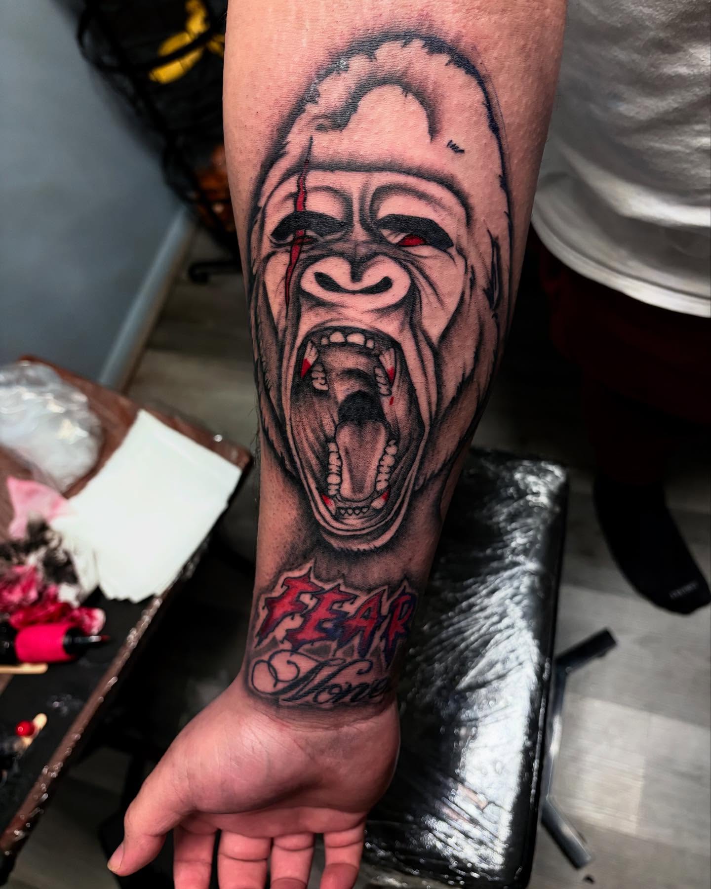 Gorilla realism tattoo on the forearm by Maleek Inkz