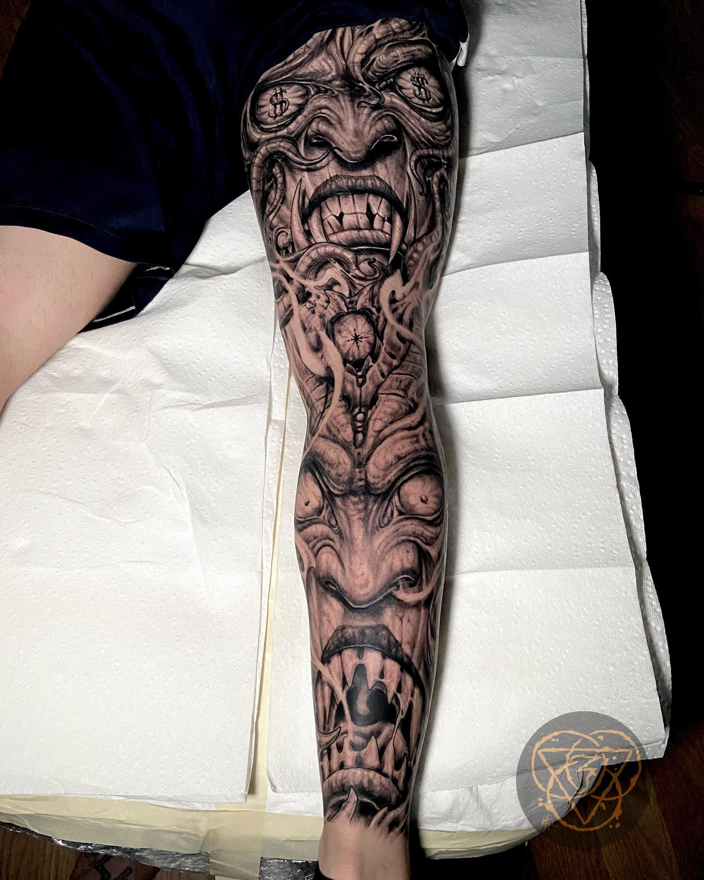 Demon face dark realism tattoo on the forearm by Justin (iam3) Leifeste