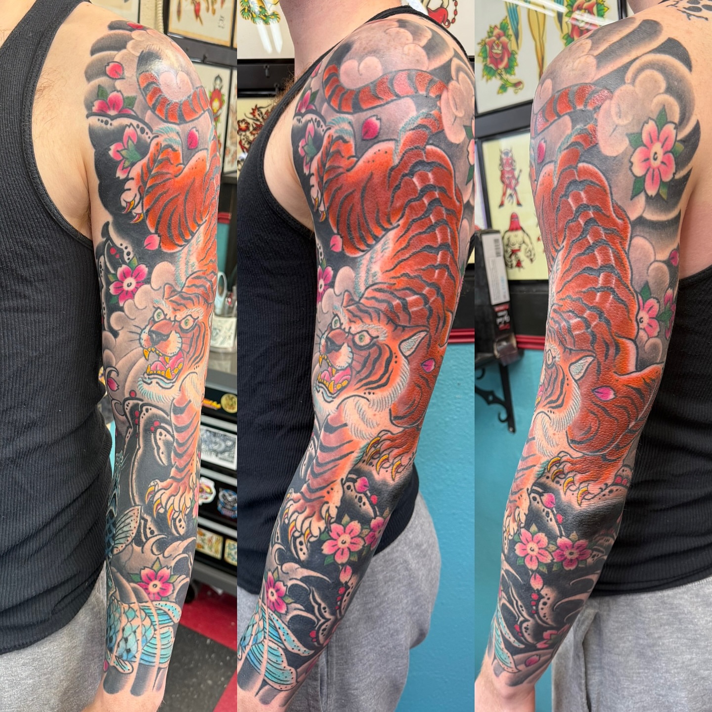 Tiger and flowers japanese irezumi tattoo on the upper arm by DemianThompson