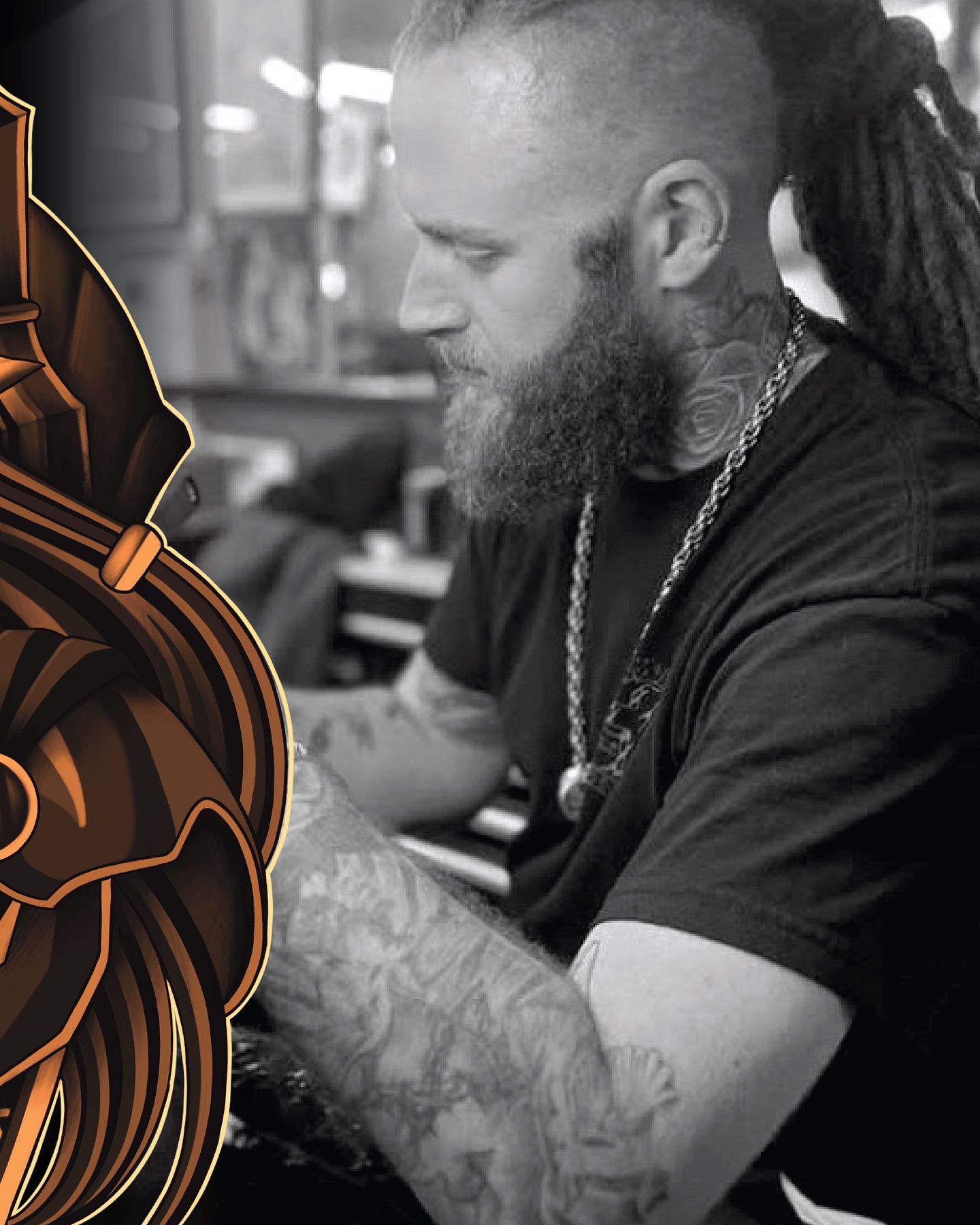 Beard black and grey tattoo on the upper arm by Myth & Mercy Tattoo Co.