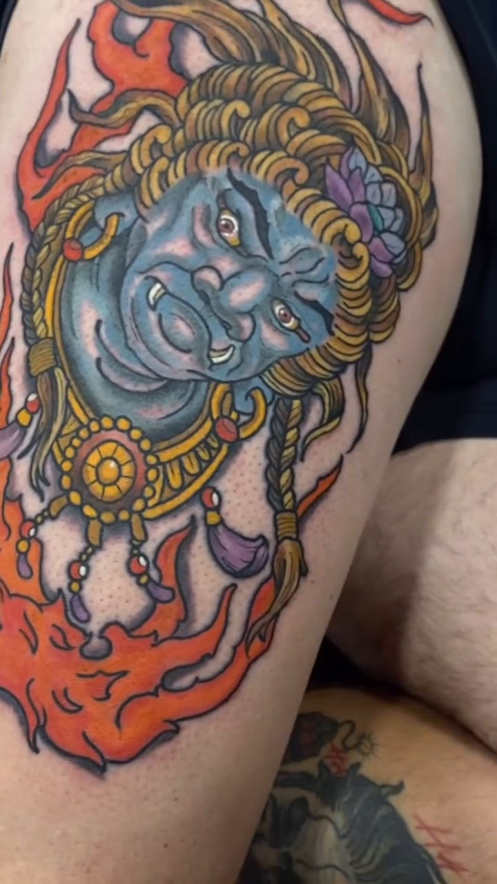 Demon face with flames japanese irezumi tattoo by Stephen Shaw