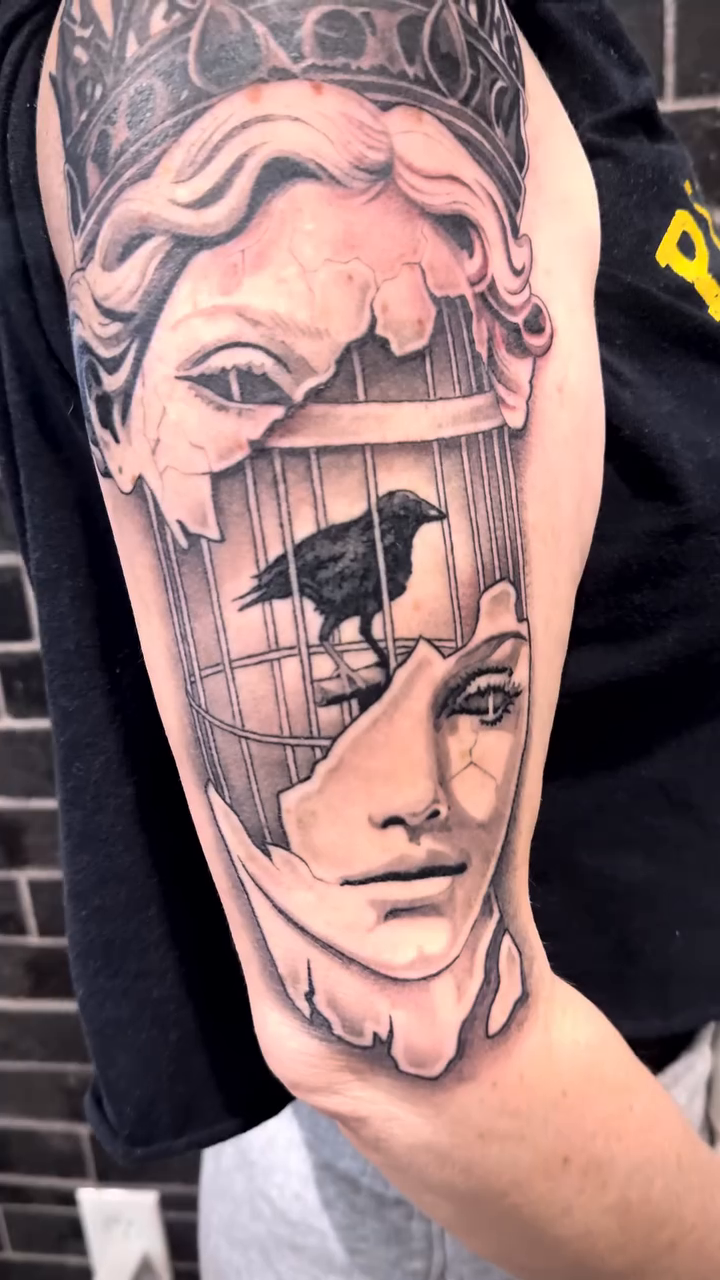 Woman's bust and crown realism tattoo by Elijah Forster - Nashville Tattoo Artist