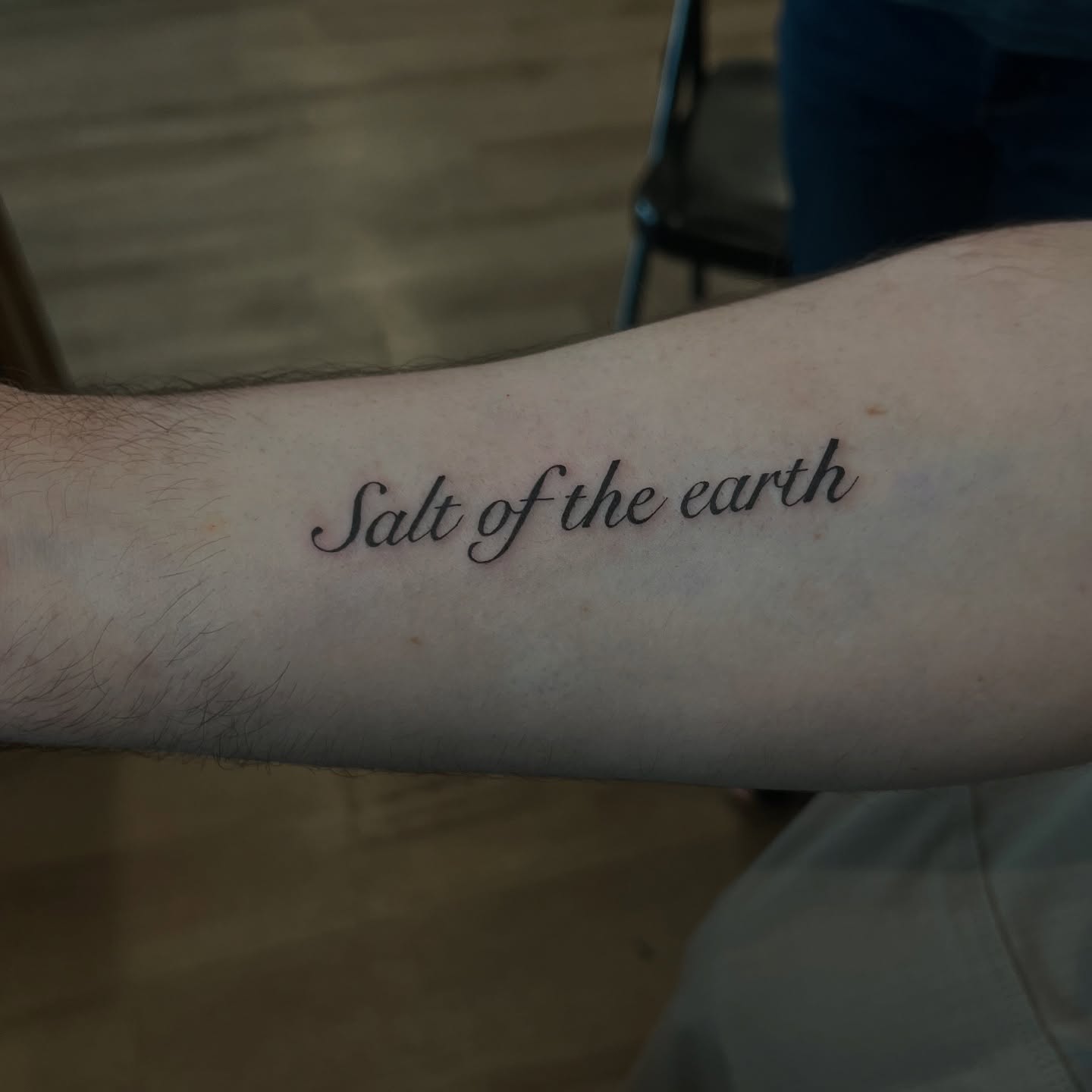 Salt of the earth lettering script tattoo on the forearm by crystal 🧿