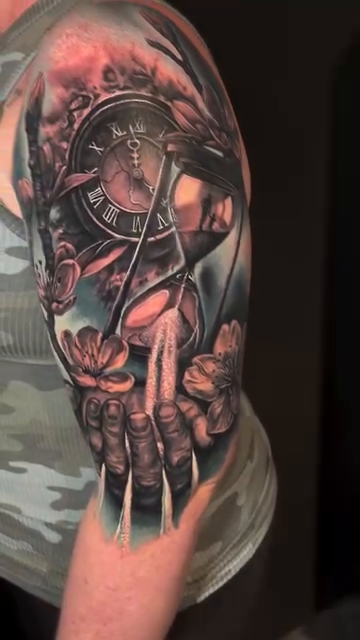 Hourglass with skull and flowers realism tattoo by 🦇𝖀𝖙𝖆𝖍🦇, Las Vegas, Nevada