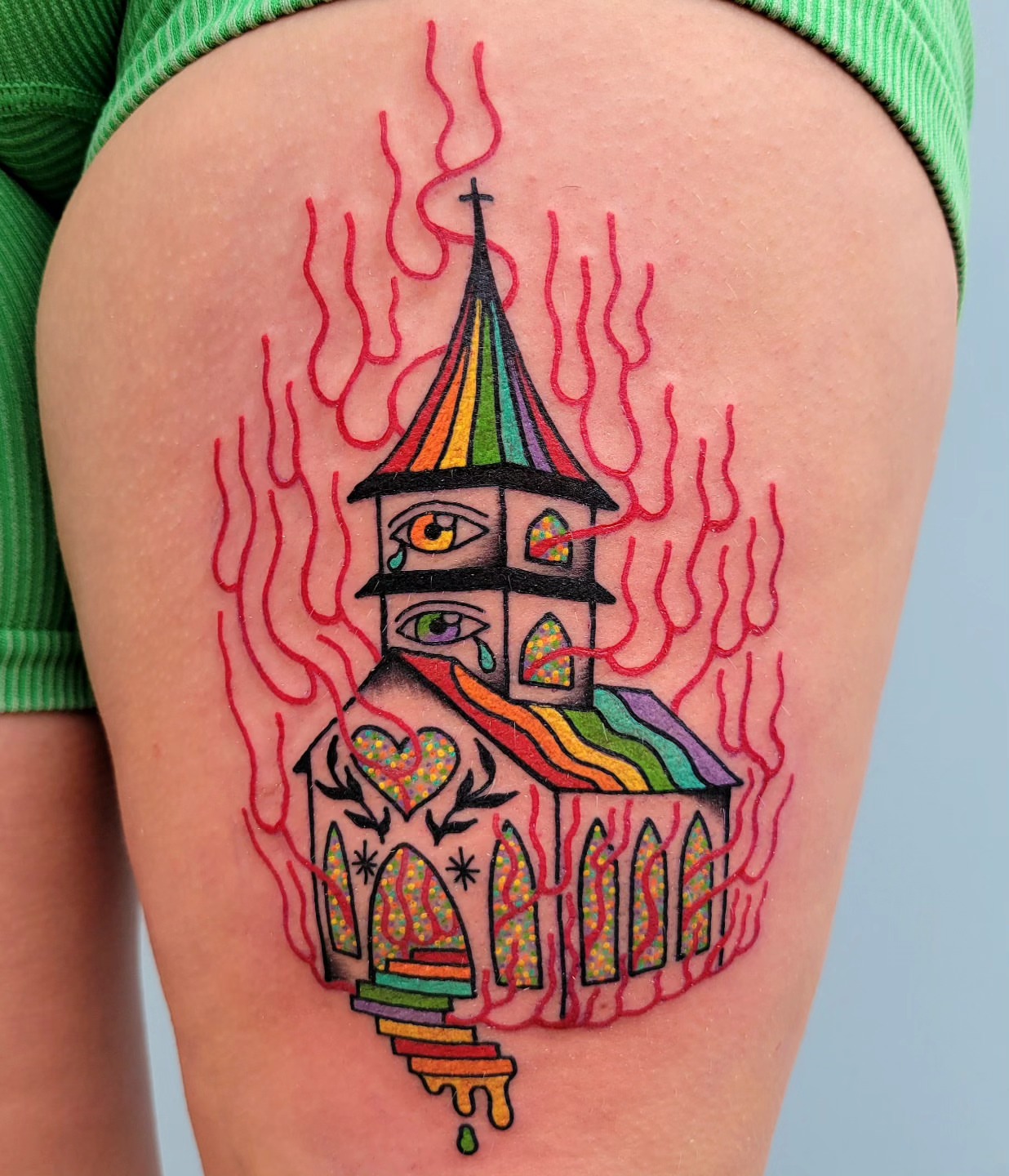 Church new school tattoo on the thigh by Cat Wong意藝
