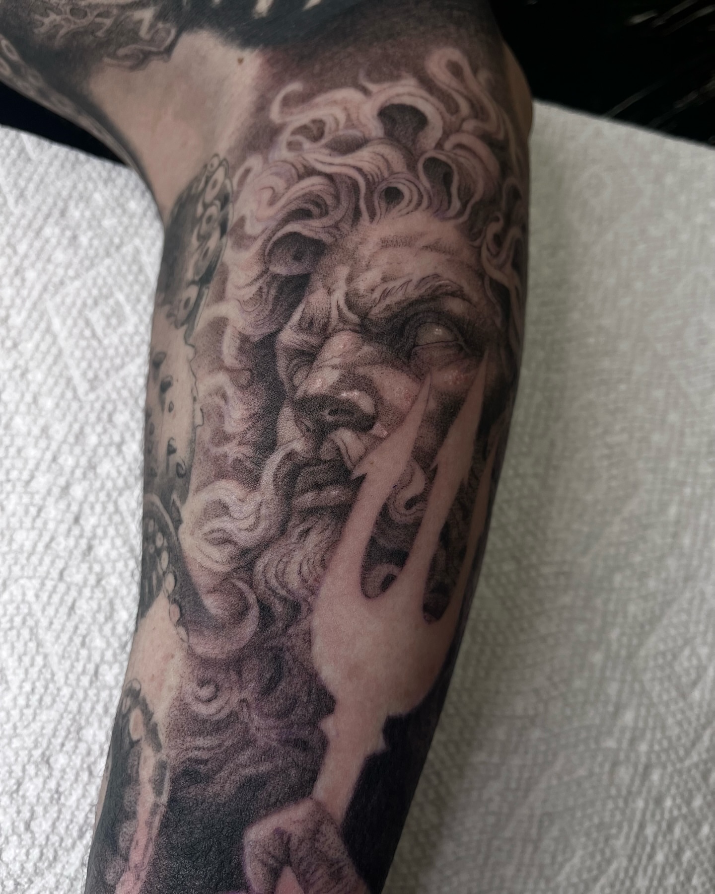 Bearded man black and grey tattoo on the forearm by ๐๐๐๐๐๐๐