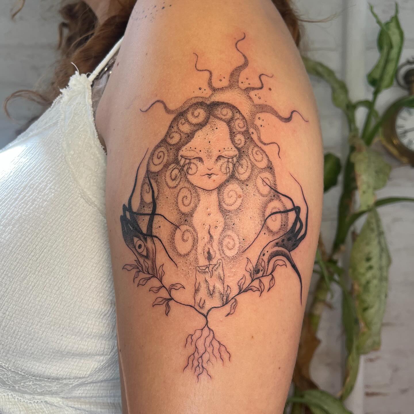 Octopus woman dotwork tattoo on the shoulder by 𝔇𝔢𝔰𝔦