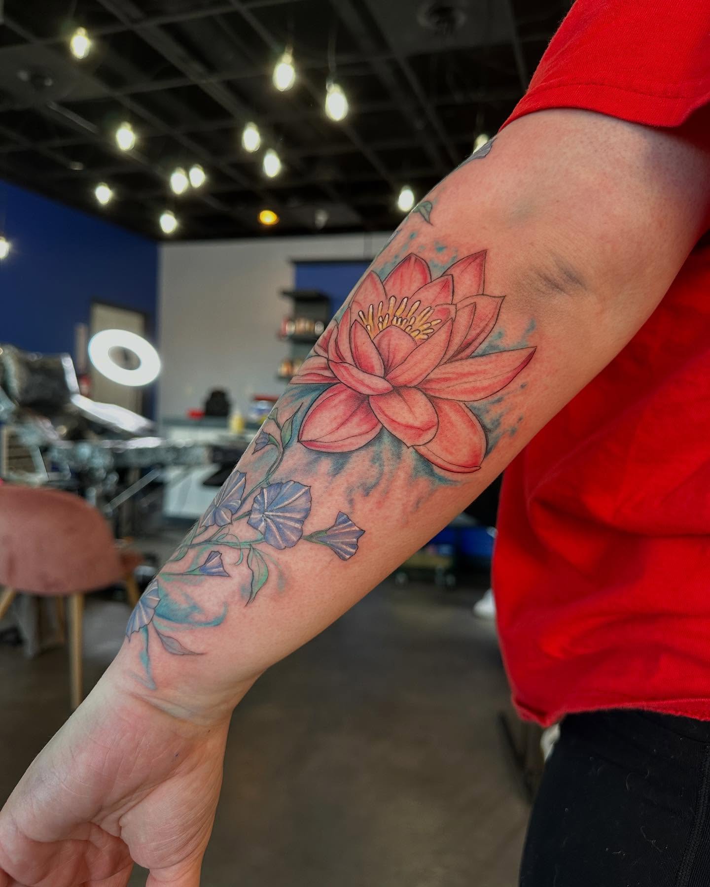 Lotus flower realism tattoo on the forearm by Cameron Hobbs, Woodbridge, Virginia