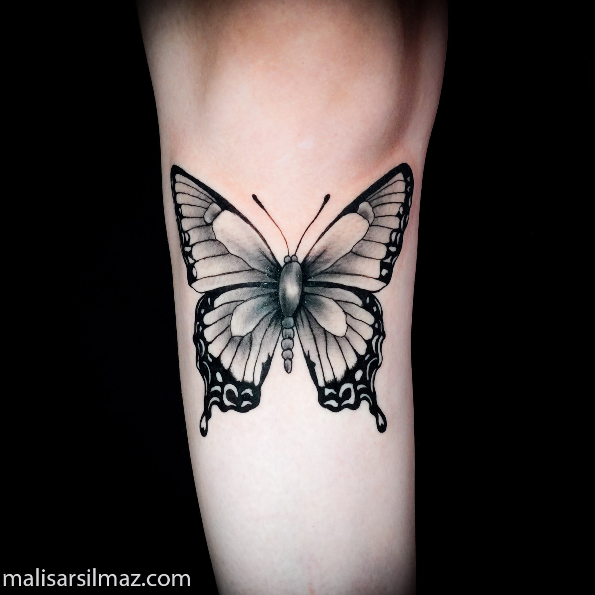Butterfly black and grey tattoo on the forearm by Mali Sarsılmaz, Nicosia, Cyprus