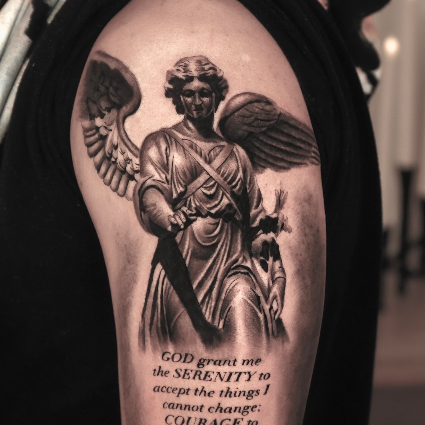 Angel with serenity prayer realism tattoo on the forearm by Eduardo Alonso Cruz ๐ฒ๐ฝ