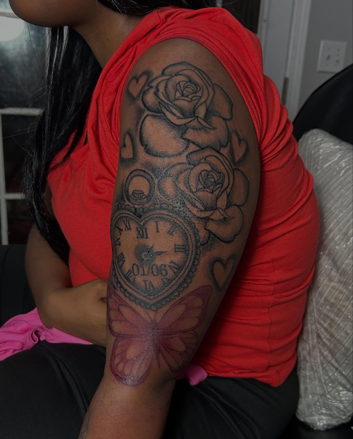 Clock and roses realism tattoo on the forearm by nylachanel