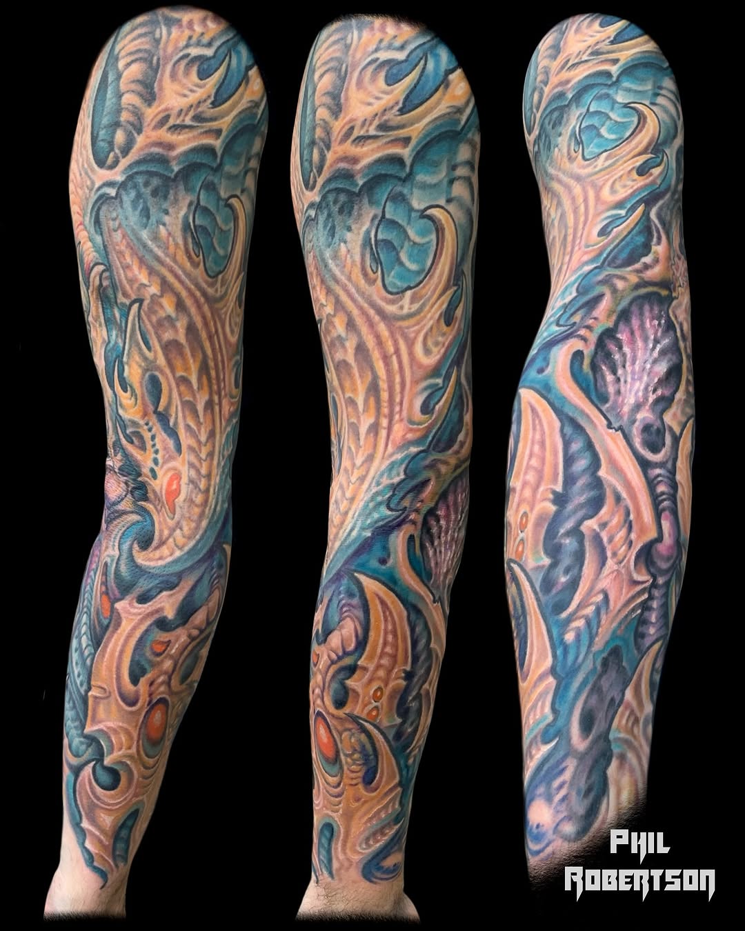 Biomechanical sleeve biomech tattoo on the forearm by Phil Robertson