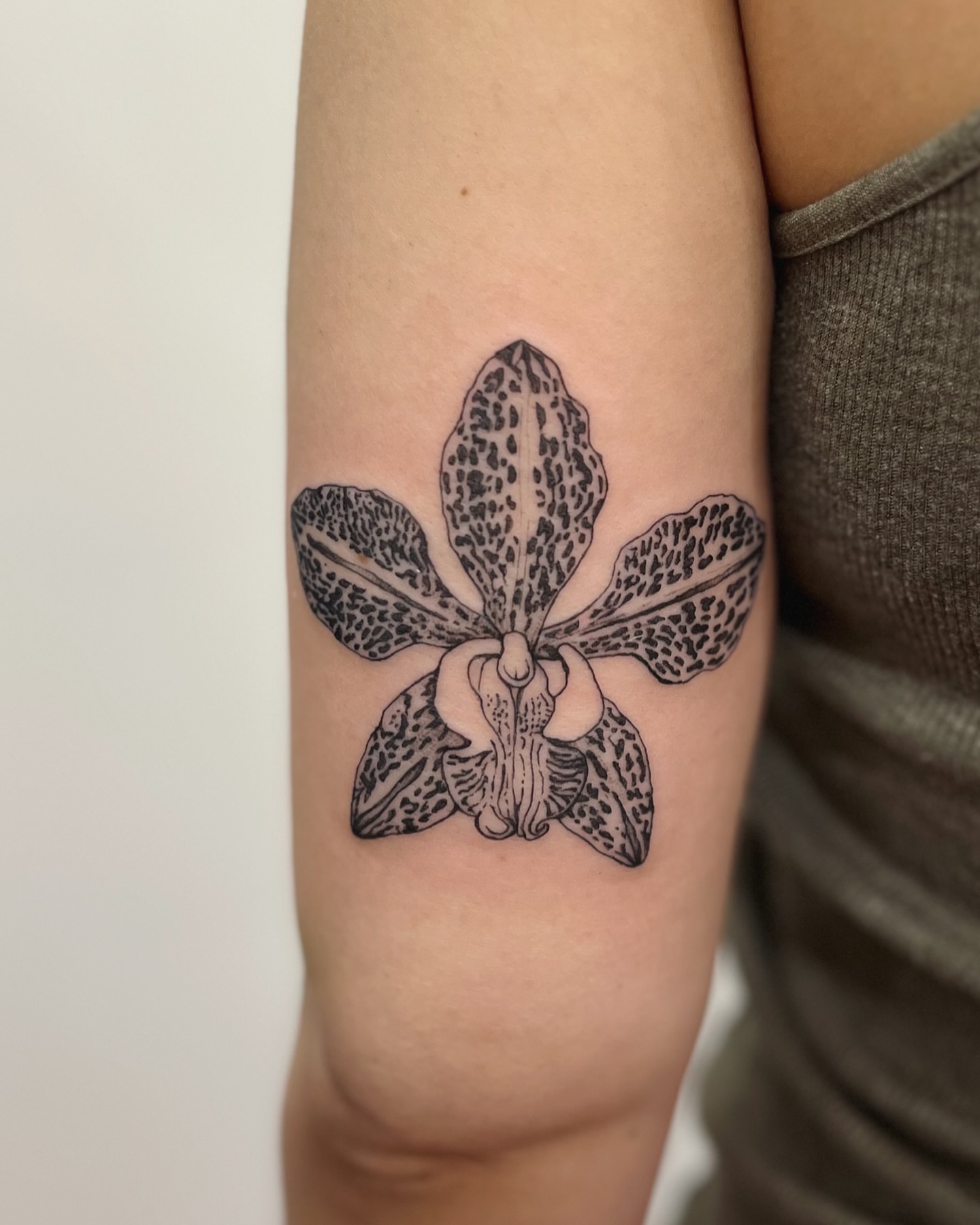 Orchid dotwork tattoo on the forearm by Ying Xeon