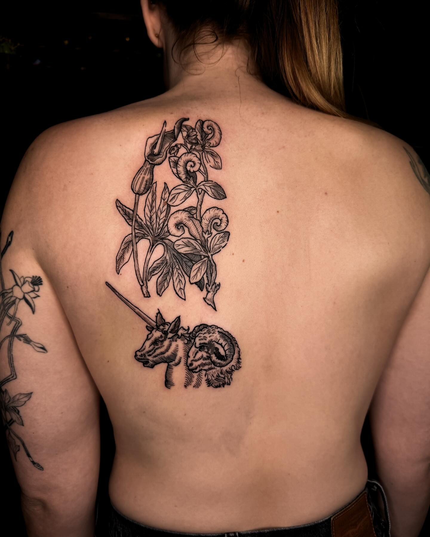Botanical and animal black and grey tattoo on the back by Zella Mäkelä
