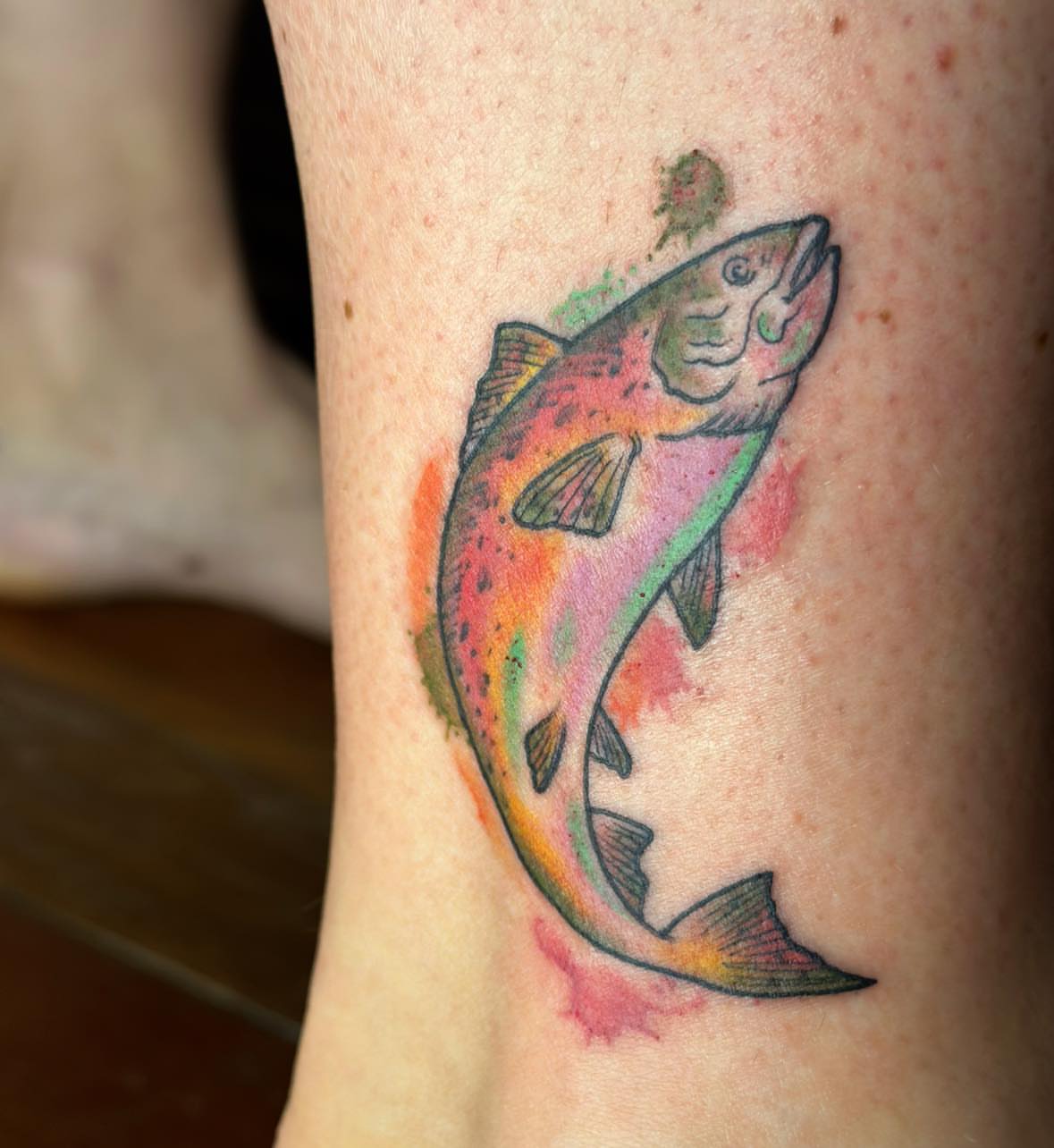 Rainbow trout watercolor tattoo on the forearm by SAL, Mesa, Arizona