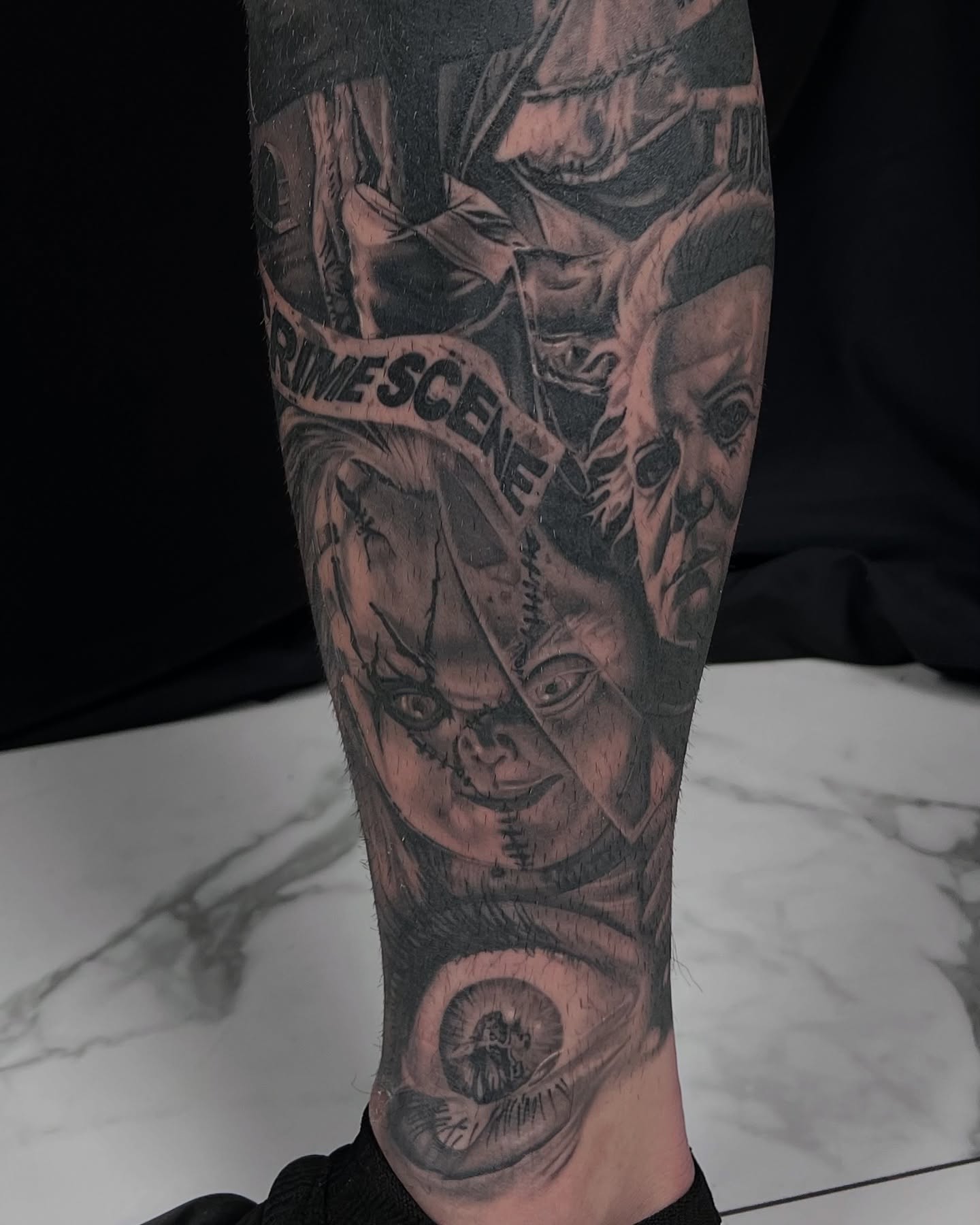 Horror movie characters realism tattoo on the forearm by Natalie Shaw
