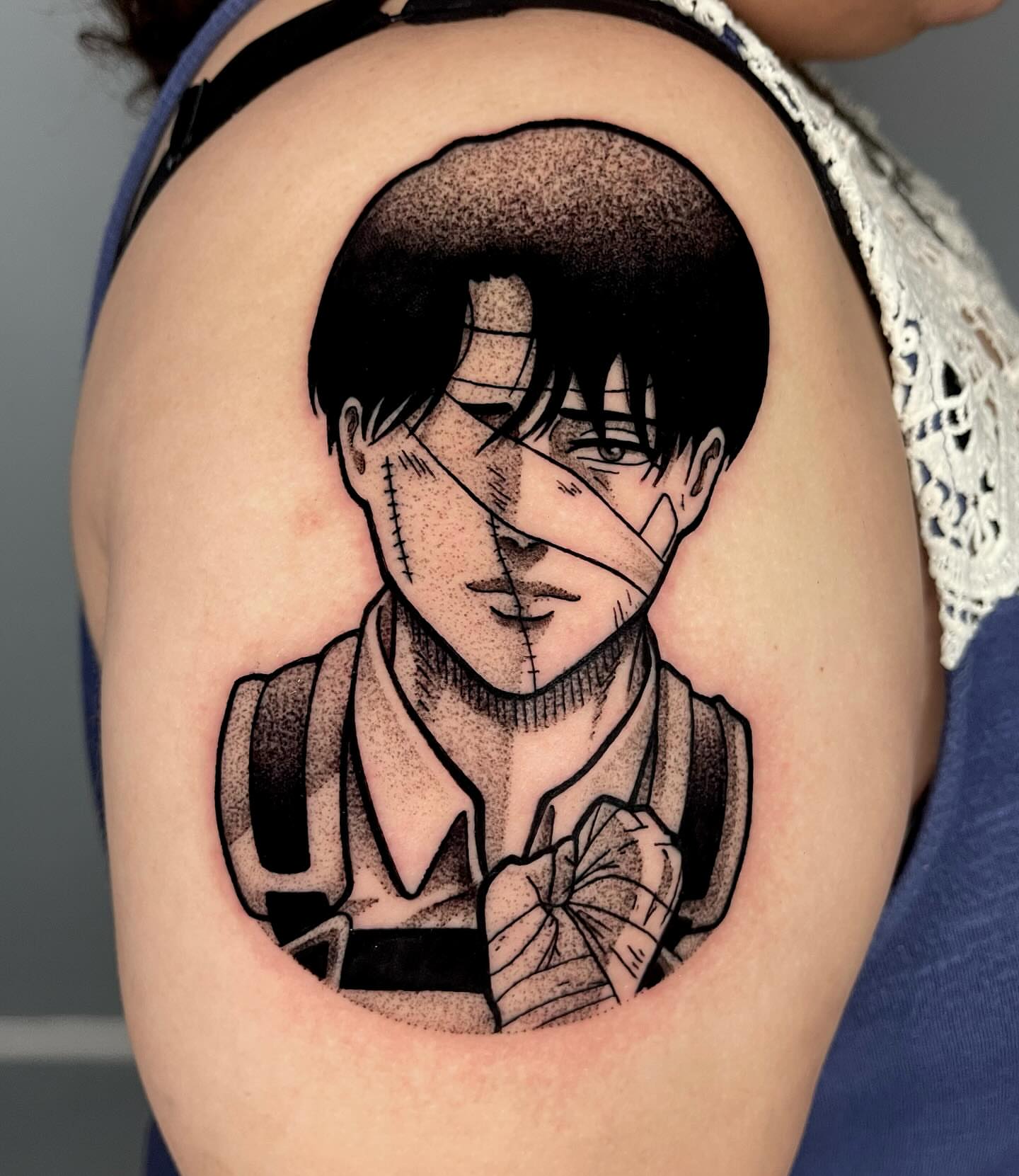 Anime character dotwork tattoo on the shoulder by Anastasia Vives