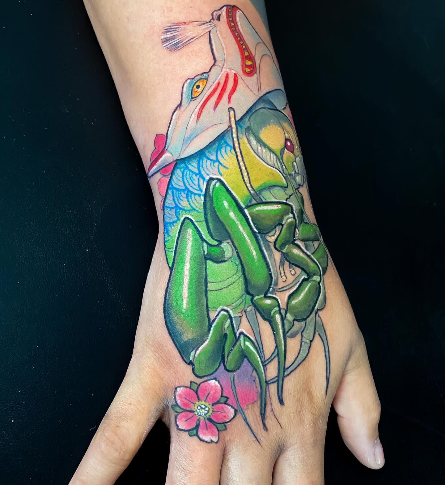 Frog and flowers new school tattoo on the hand by Eric James, Phoenix, Arizona