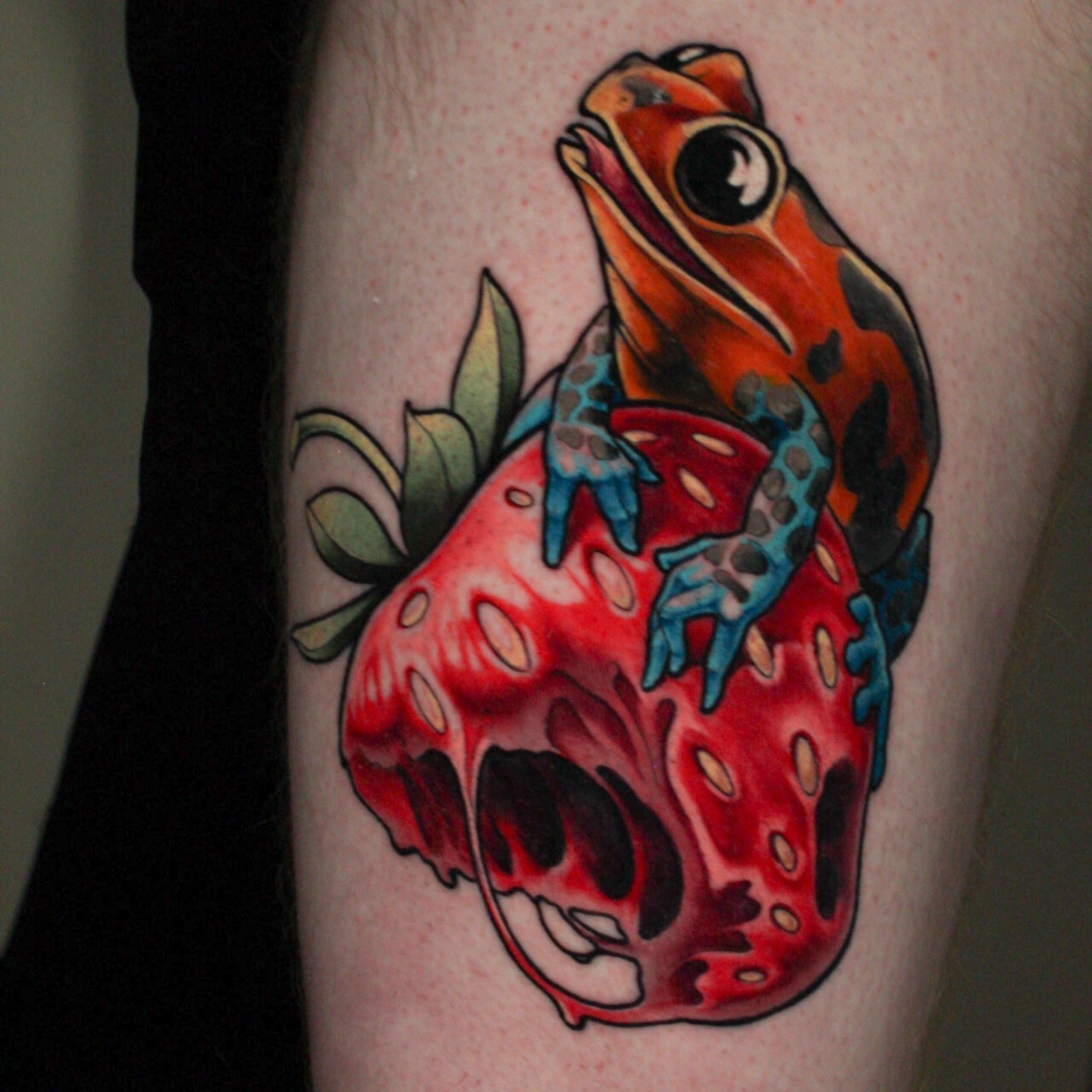 Frog on strawberry realism tattoo on the forearm by Justin Byrd, Kansas City, Missouri