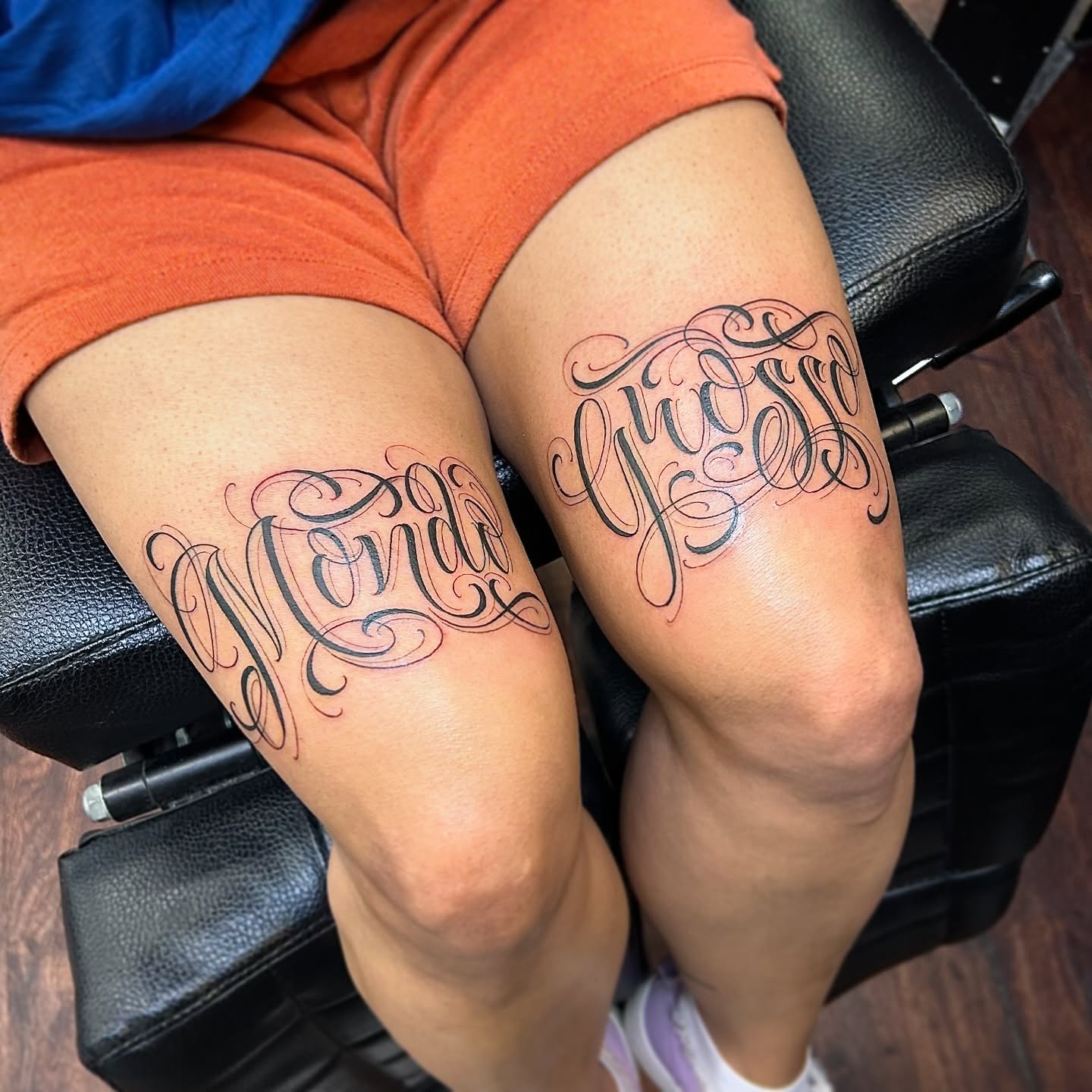 Script lettering lettering script tattoo on the thigh by $krypt